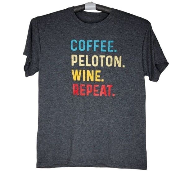 Coffee Peloton Wine Repeat Graphic Tee Shirt Charcoal Gray Large Short Sleeve - Picture 1 of 7